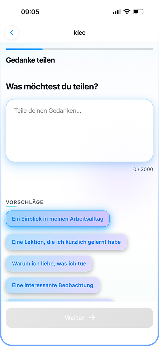 Screenshot der heise AI App: Gedanken eingeben oder Vorschlag wählen, damit die KI daraus einen professionellen Beitrag erstellt.