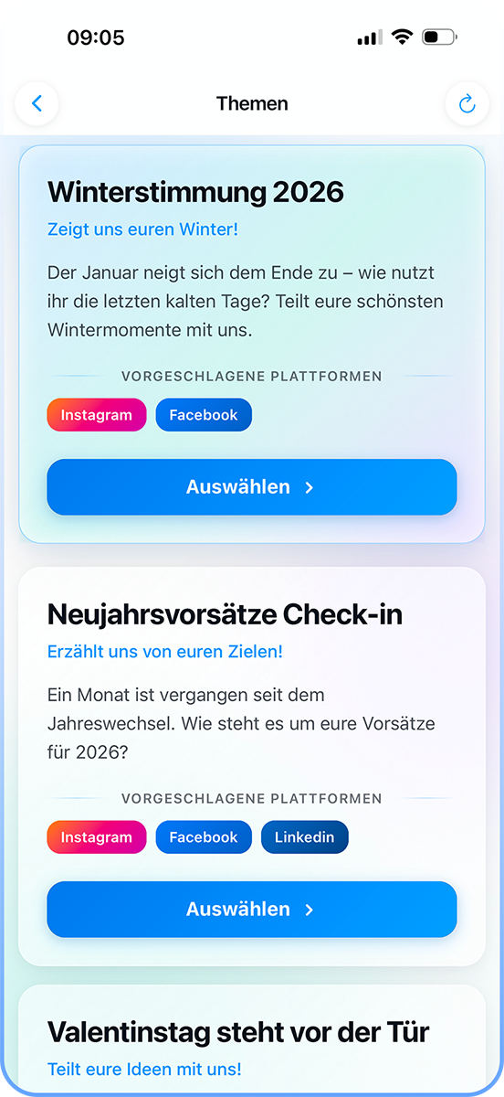 Screenshot der heise AI App: Themenvorschläge auswählen und Plattformen festlegen, um einen Beitrag schnell zu erstellen.