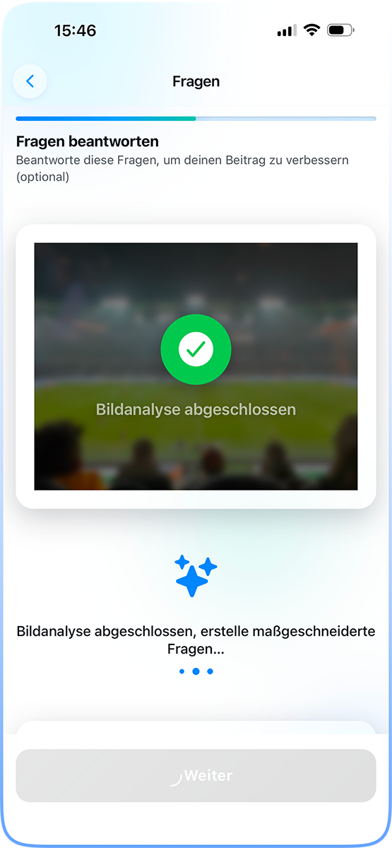 Screenshot der heise AI App: Bild hochladen und Details ergänzen, um einen passenden Social-Media-Post zu erstellen.